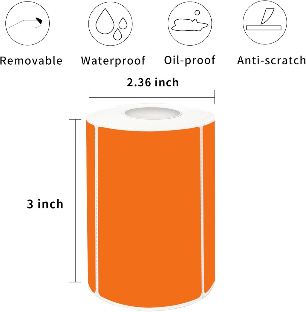2×3 Inch Orange Removable Thermal Labels,Writeable,Removable,Thermally Printable,300 Sheets per Roll with Perforated Lines