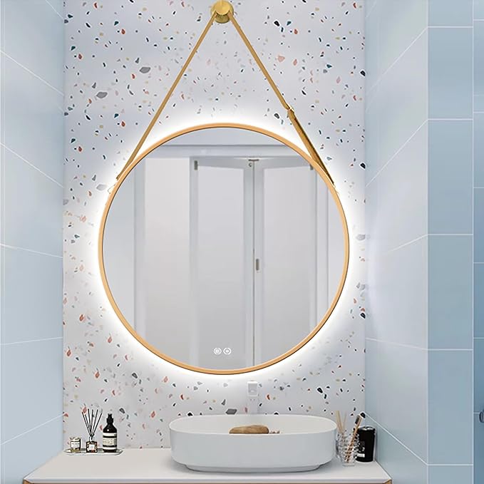 JSLJDM 500X500 mm Illuminated Backlit LED Bathroom Mirror, Wall Mounted Multifunction Bathroom Vanity Mirror with Lights and Demister Pad, Energy-Saving Illuminated Smart Mirror 80cm/31.5in Gold