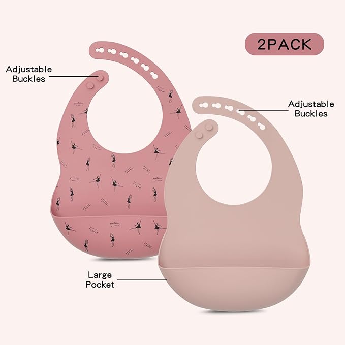 Silicone Baby Feeding Set, Baby Led Weaning Supplies, Baby Spoons Suction Divided Plate Bib Cup, First Stage Solid Food Eating Utensils - 6+ Months(Pink-Red)