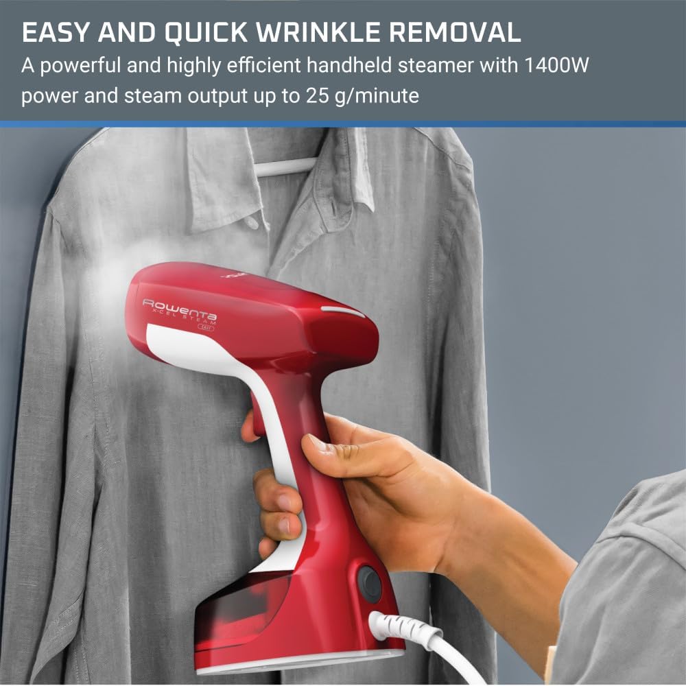 Rowenta, Steamer for Clothes, X-Cel Easy Steam Handheld Steamer, 15 Second Heatup, 5 Ounce Capacity, 1400 Watts, Portable, Travel Must Have, Red Clothes Steamer, DR7112