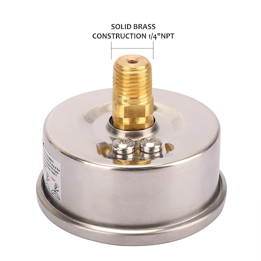 MEASUREMAN 2-1/2inch Dial Size, Liquid Filled Pressure Gauge, 0-60psi/400kpa, 304 Stainless Steel Case, 1/4inchNPT Back Mount