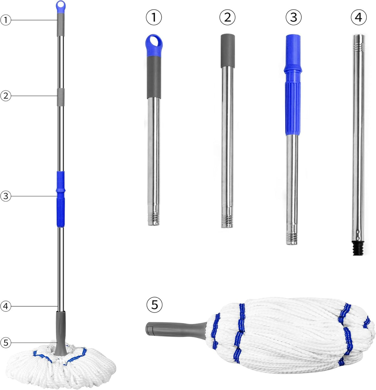 Self Wringing Floor Cleaner with 52.5 Inch Long Handle, Heavy Duty Wet Mop for Hardwood, Tile, Vinyl, Laminate Floors (White)