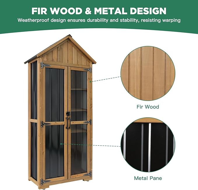 Outdoor Storage Cabinet, Wood & Metal Storage Shed with Weather-Resistant Roof, Adjustable Shelf, Lockable Doors & Adjustable Feet, for Garden, Patio, Backyard, 27.5" x 13" x 67" (Brown+Black)