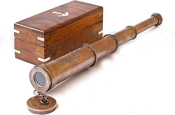 Vintage Copper Finish Telescope with Wooden Box Marine Gift London 1917