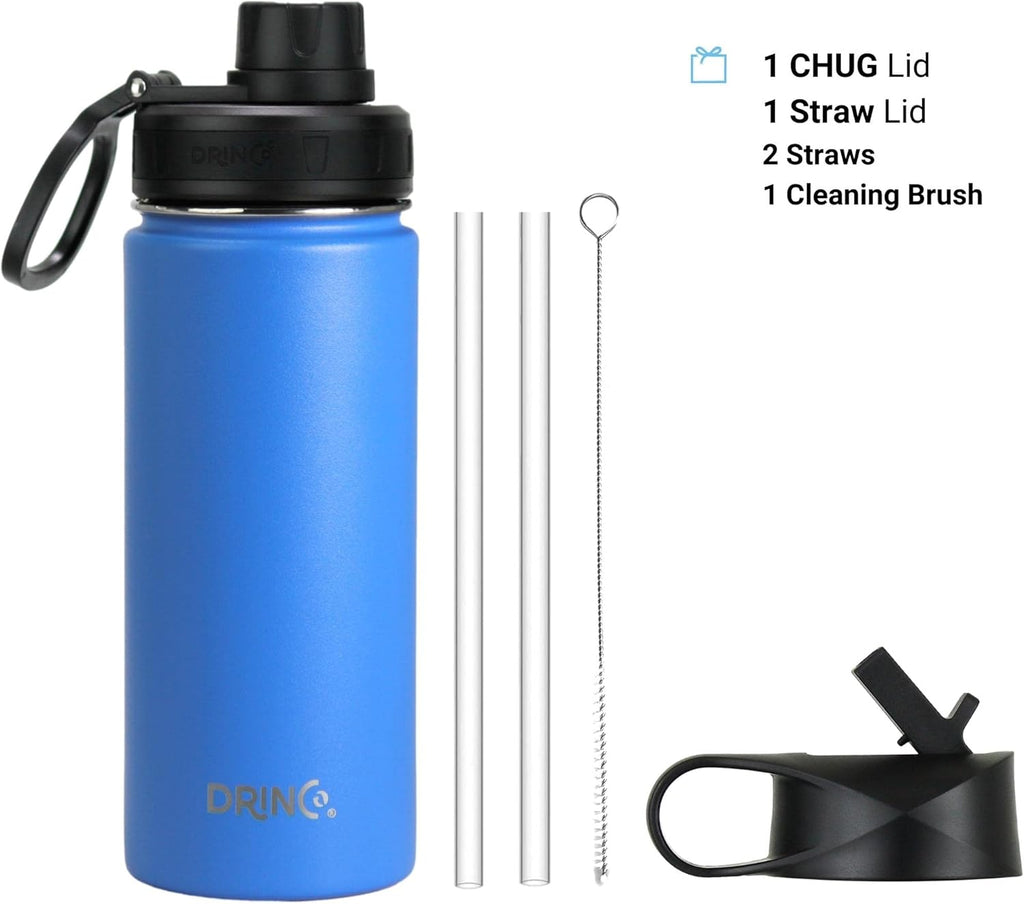 DRINCO Stainless Steel Water Bottle Spout Lid Vacuum Insulated Double Wall Water Bottle Wide Mouth (40oz 32oz 22oz 18oz 14oz) Leak Proof Keeps Cold or Hot (18 oz, 18oz Royal Blue)