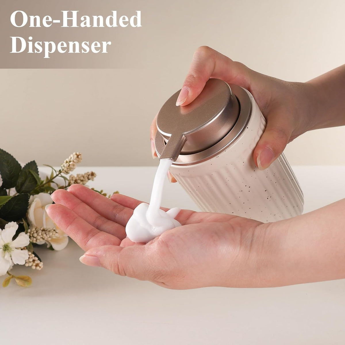 BosilunLife Foam Hand Soap Dispenser - Ceramic Foaming Soap Dispenser for Bathroom 12oz Refillable Liquid Lotion Soap Dispenser with Rust-Proof Foaming Pump for Countertop
