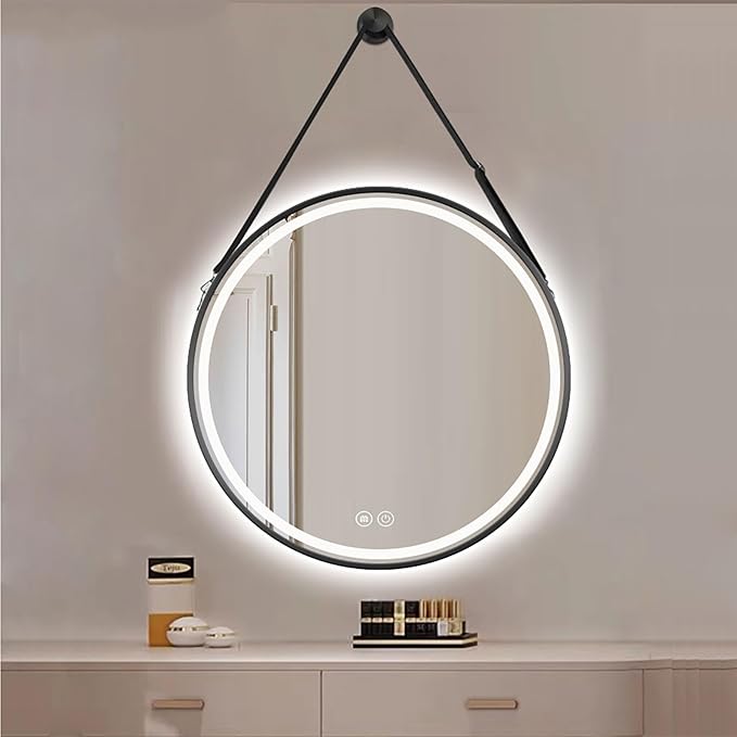 JSLJDM 500X500 mm Illuminated Backlit LED Bathroom Mirror, Wall Mounted Multifunction Bathroom Vanity Mirror with Lights and Demister Pad, Energy-Saving Illuminated Smart Mirror 50cm/19.8in Black