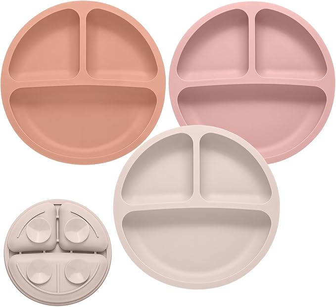 Toddler Plates, 3 Pack Divided Suction Plates for Baby, Food Grade Silicone Baby Plates, BPA Free, Non-slip, Baby Led Weaning Supplies, Microwave & Dishwasher Safe