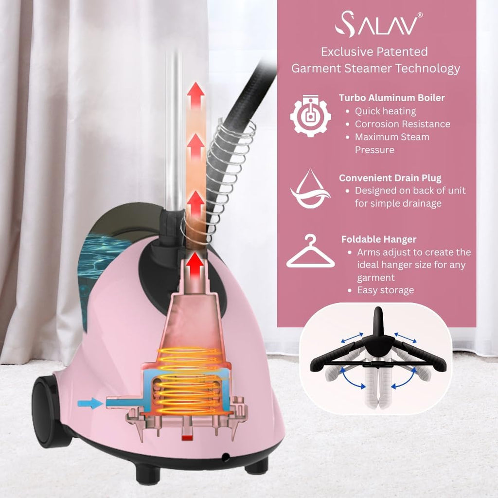 SALAV GS18-DJ Standing Garment Steamer with Roll Wheels for Easy Movement, 1.8L Water Tank for 1 Hour Continuous Steaming, Adjustable Pole for Storage, Includes Descaler Packet, 1500 watts - Pink