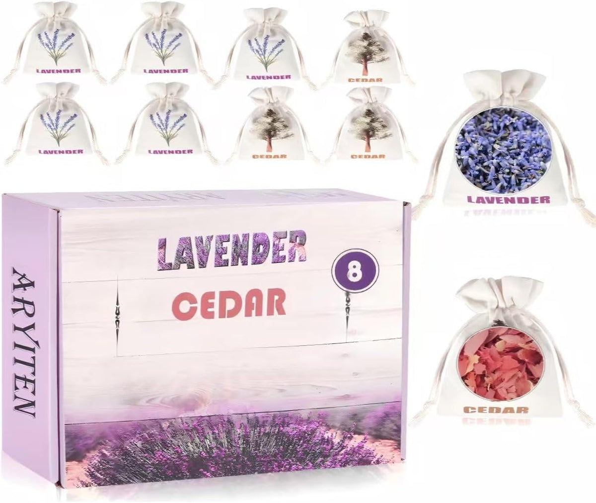8 Pack Cedar Chips and Natural Dried Lavender Sachets Bags - Stop Clothes Damage, Cedar and Lavendar Home Fragrance Sachets for Drawers and Closets