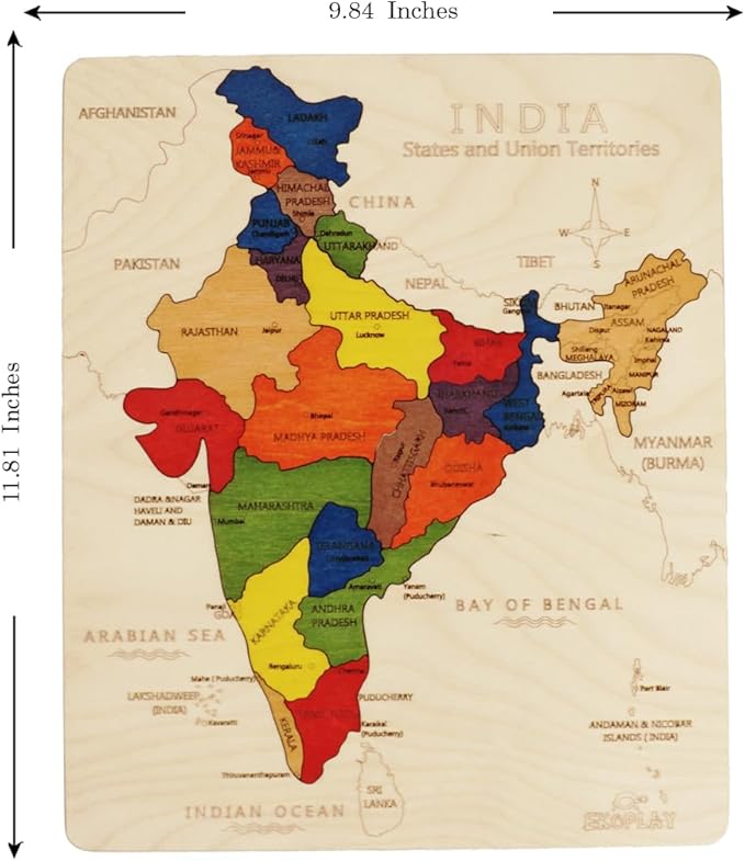 Wooden India Map Jigsaw Puzzle for Kids, 22 Pieces, Learning & Educational Toy Gift for Ages 3+