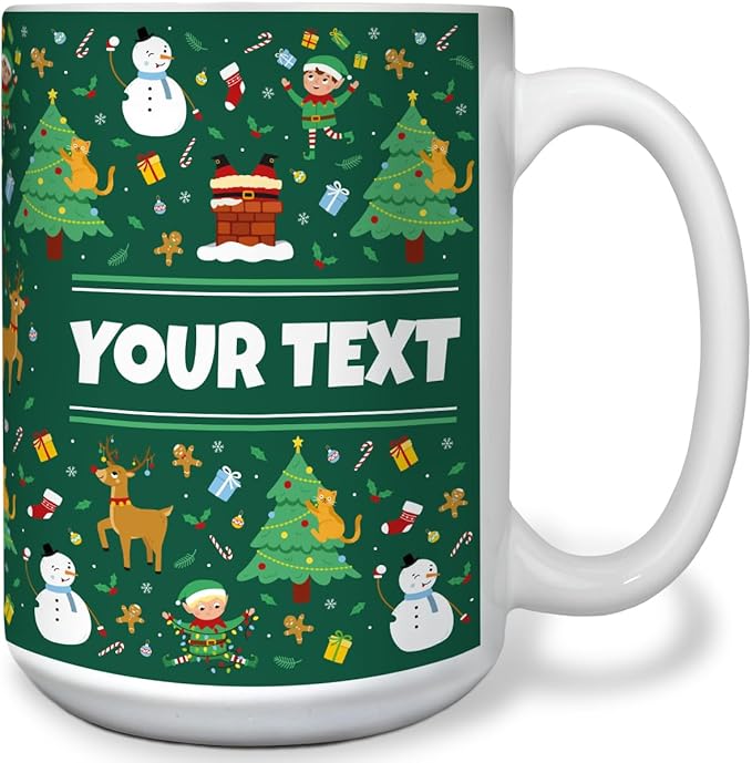 Personalized Mug for Kids - Christmas - Custom Name/Text, Ceramic Hot Chocolate/Cocoa/Coffee Cup for Boys/Girls, Holiday/Birthday Gift - 15 oz, White Handle