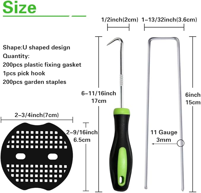 Bakulyor 200Pcs Landscape Staples + 200Pcs Gasket, 6 Inch Garden Stakes Staples 11 Gauge U Shaped Galvanized Lawn Landscape Pins, Heavy Duty Yard Ground Pin for Weed Barrier Sod Fabric Decorations