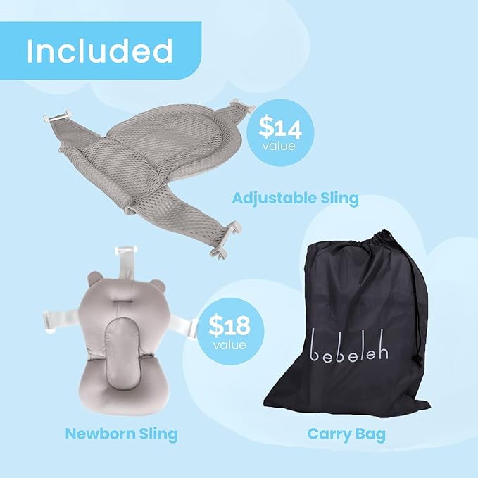 BEBELEH™ Collapsible Baby Bathtub with Thermometer – Bathtub + Baby tub Sling + Newborn Sling – Baby Bathtub Newborn to Toddler 0-24 Months – The Ultimate Baby Bath Tub! (with Thermometer,Gray)