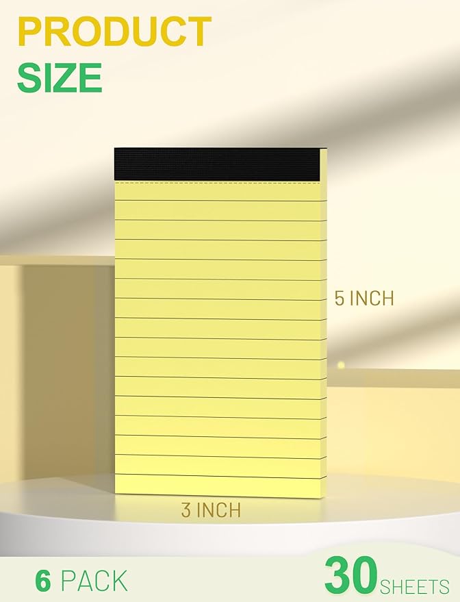 Small Note Pads 3x5 Yellow Pocket Writing Pads 6 Pack Lined Notepads Yellow Small Pads of Paper 3x5 Inch with 30 Sheets per Notepad 80Gsm Paper Pads Mini Note Pads 3x5" Pocket Notepads for Home Office