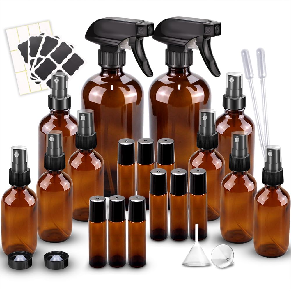 Glass Spray Bottle Kit×10 (2×16oz, 2×4oz, 6×2oz), 9×10ml Roller Bottles, Anti UV, Multi Size and Versatile, Suitable for Aromatherapy, Facial Moisturizing, Watering, etc.(Amber)