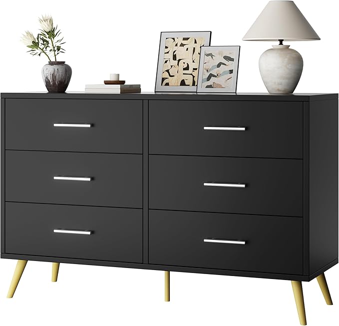 Shintenchi 6 Drawer Dresser, Wide Chest of Drawers Organizer Storage with Drawers, Large Storage Cabinet, Modern Design Dresser for Bedroom, Living Room, Porch, Black