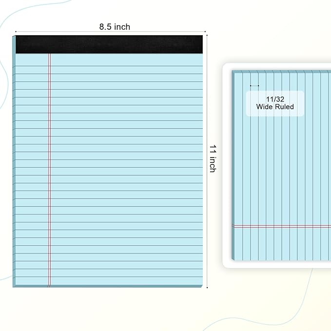 Blue Legal Pad Note Pads 8.5 x 11 inch, Wide Ruled Clear Print Writing Pads 30 Sheets/Pad, 20lb Colored Paper, Perforated Notepad with Sturdy Back (3 Pads Blue)