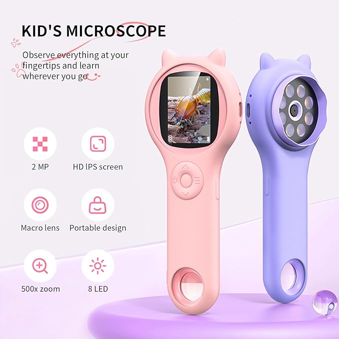 Microscope for Kids - Mini Pocket Handheld Microscope for Toddlers-STEM Educational Science Kit Toys for Christmas Birthday Gifts Toys for 5 6 7 8 9 10 11 12 Year Old Girls（Purple）