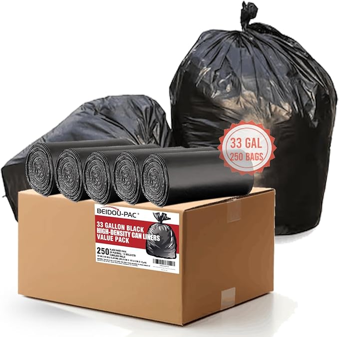 33 Gallon Trash Bags, 250 Count Bulk, Black Garbage bags, Multi-purpose Trash Can Bin Liners for Home Commercial, Outdoor, Construction, Industrial, Janitorial, Municipal, Lawn, Leaf