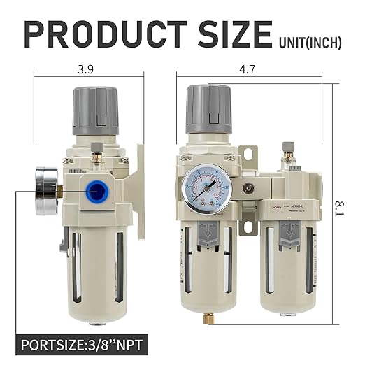 Air Compressor Filter Regulator Lubricator (FRL) Unit,Air Pressure Regulator with Pressure Gauge(0-150PSI),3/8” NPT Oil Water Separator,Semi-Auto Drain,Suitable for Pneumatic Systems