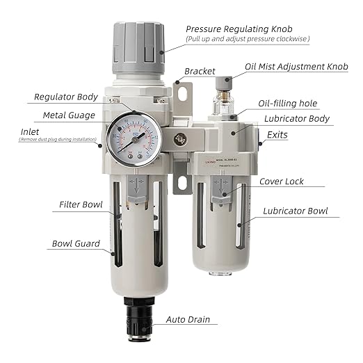 Air Pressure Regulator with Pressure Gauge(0-150PSI),Water Separator for Air Compressor Auto Drain 3/8 Air Line NPT Threaded Interface