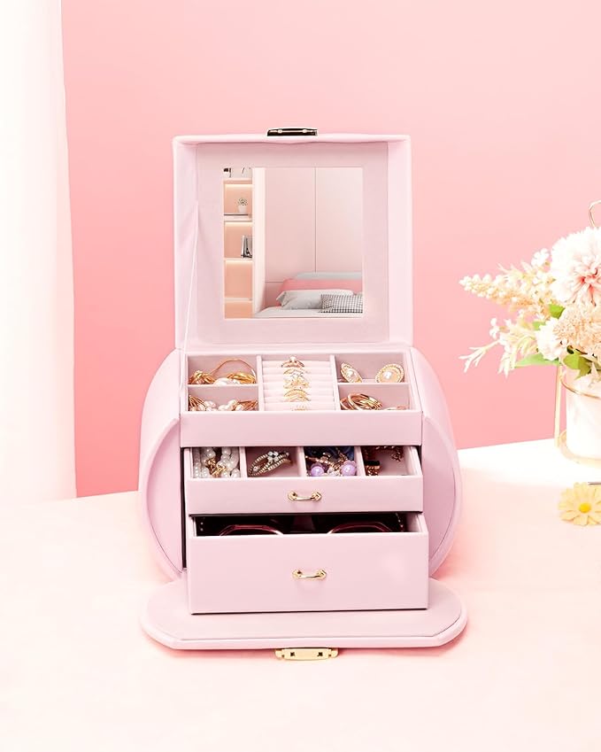 Homde Girls Jewelry Box Jewelry Storage Case Organizer with Mirror for Rings, Earrings, Bracelets, Necklaces (Light Pink + Gold)