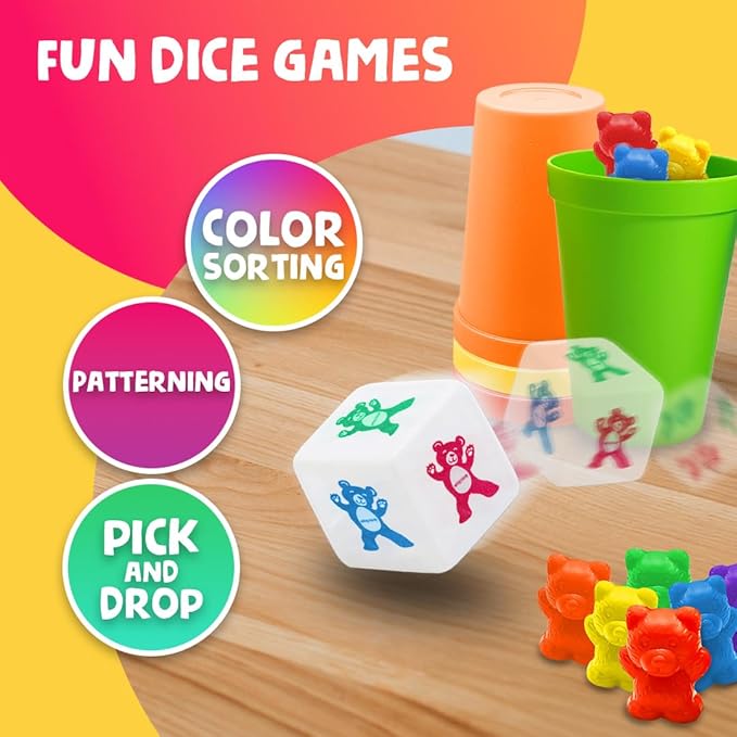Skoolzy Rainbow Stacking Bears with Matching Sorting Cups 69 Piece Set, 60 Bear counters, Scissor Tongs, Rainbow Cups, Storage Bag, Sorting dice Game