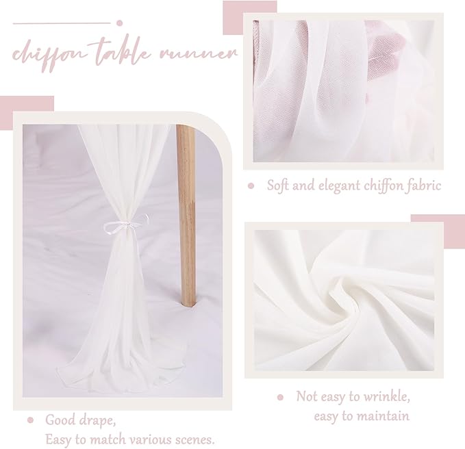 10ft White Chiffon Table Runner 30 x 120 Inches Romantic Sheer Table Runners for Wedding Party Bridal Baby Shower Birthday Holiday Decorations
