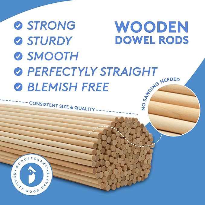 Dowel Rods Wood Sticks Wooden Dowel Rods - 1/2 x 48 Inch Unfinished Hardwood Sticks - for Crafts and DIYers - 10 Pieces by Woodpeckers