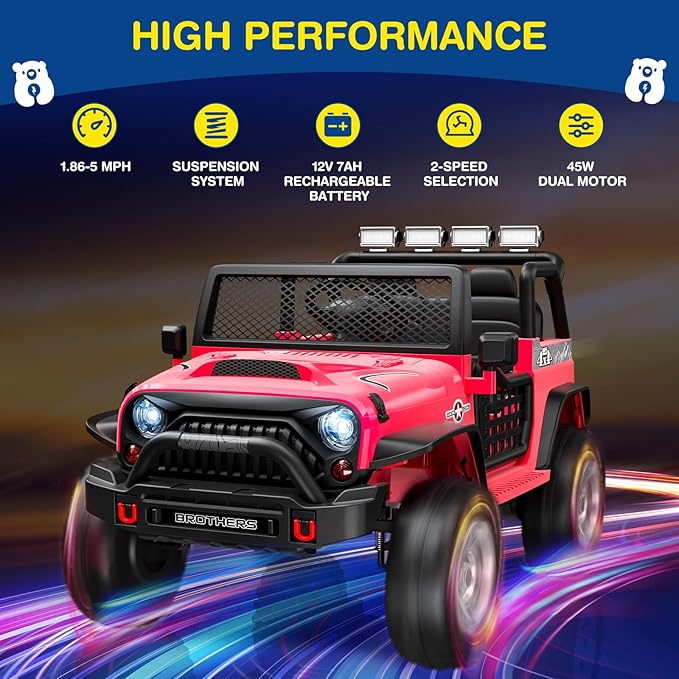 L8 2 Seater Ride On Car, 12V Kids Electric Car w/Remote Control, 4-Wheel Suspension, Bluetooth Speaker, Multi Music Modes, 3 Speeds, LED Lights, Xmas & Birthday Gift Ideas for Kids Ages 3+