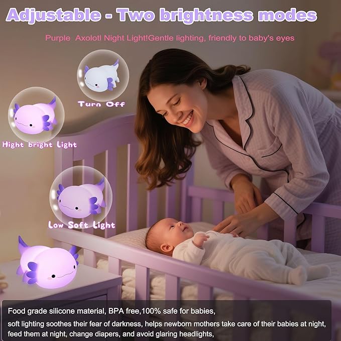 HAPPYBAG Axolotl Night Light,Cute Axolotl lamp Gifts for Kids,Dimmable Silicone Animal Nursery Night Light,Kawaii Rechargeable Bedside Touch Lamp,Baby Room Decor Axolotl Light