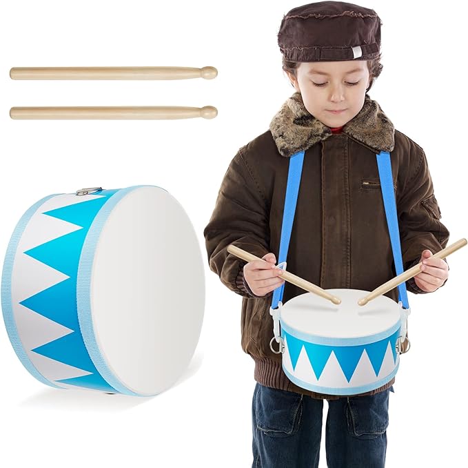 Kids Drum Set 8 Inch Wooden Toy Drum with Adjustable Strap 2 Drumsticks Educational Sensory Musical Instrument Toy Set for Toddlers Kid Baby Boys Girls Gift(Blue Triangle Style)
