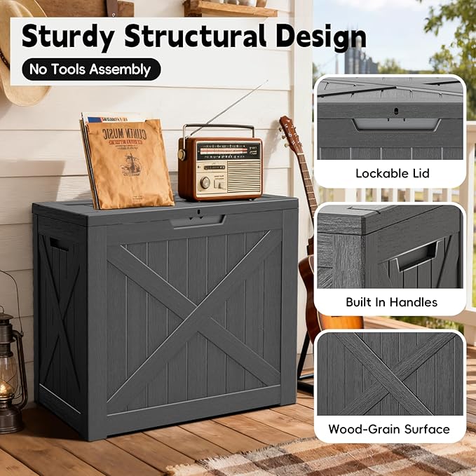 Outdoor Storage Box, Deck Box Waterproof 35 Gallon, Resin Outside Storage, Storage Bin for Package Delivery, Patio Furniture Cushion, Pool Accessories, Weatherproof and UV Resistant, Black