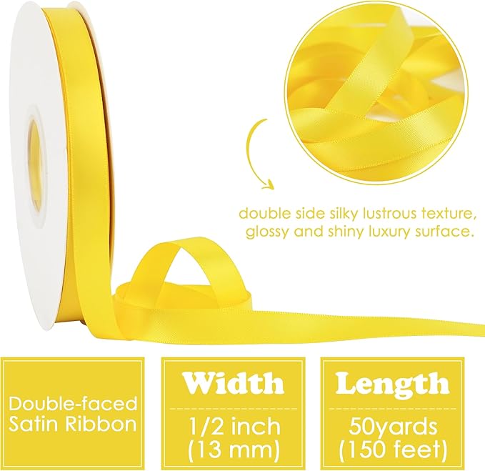 HUIHUANG Yellow Ribbon 1/2 inch Continuous 50 Yards Double-Faced Satin Ribbon for Gift Wrapping, Bows, DIY Crafts, Flower Bouquet, Wedding Decor, Holiday Decor