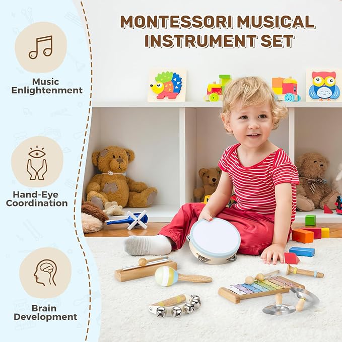 Musical Instruments for Toddlers,POGOLAB Montessori Toys,Educational Wooden Percussion Toys,Gifts for 3 Years Old Boys and Girls, Xylophone,Cymbal,Tambourine,Maraca,Hand Bells,Chime bar