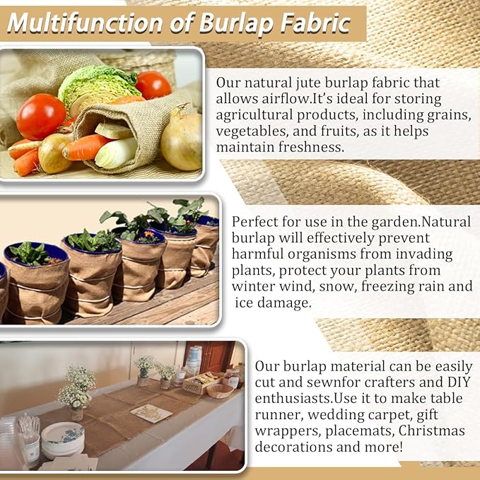 Burlap Fabric Roll, 40" x 24 Feet Burlap Garden Fabric Natural Jute for Decorations, Crafts, Weddings, Table Runner, Landscaping, Plants & Tree Covering