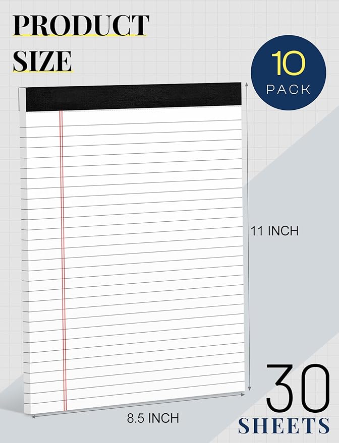Note Pads 8.5 x 11 Inch, 10 Pack, Legal Pads 8.5 x 11, 30 Sheets Each, Wide/Legal Ruled, White Lined Legal Pads, Micro Perforated, Premium Thick Paper, Paper Pads Lined Writing Pads for School Office