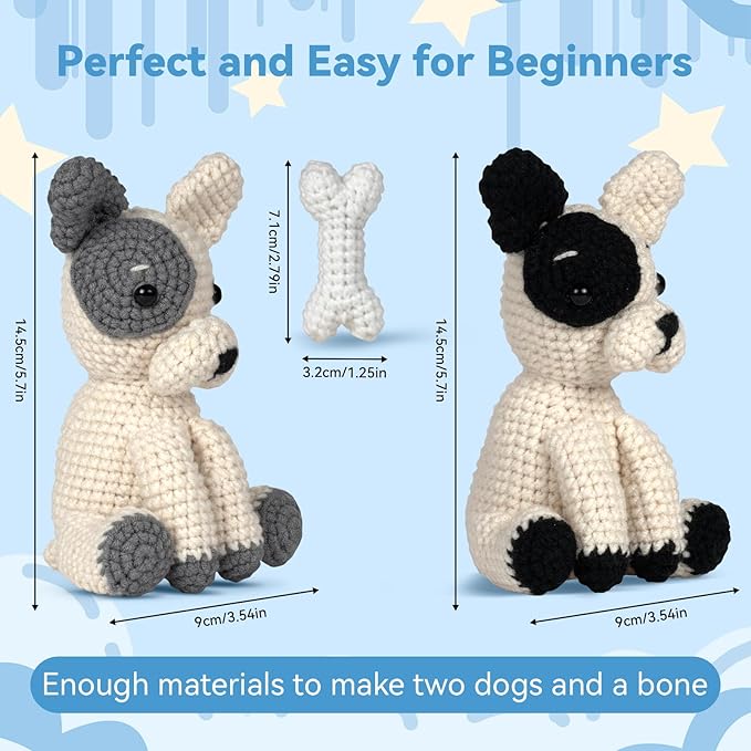 MOREJMTT Crochet Kit for Beginners Animal,Crochet Animal Kits,Crocheting Kit for Starters,Learn to Crochet with Step-by-Step Video Tutorials,Beginner Crochet Kits for Adults(2 Pack French Bulldog)