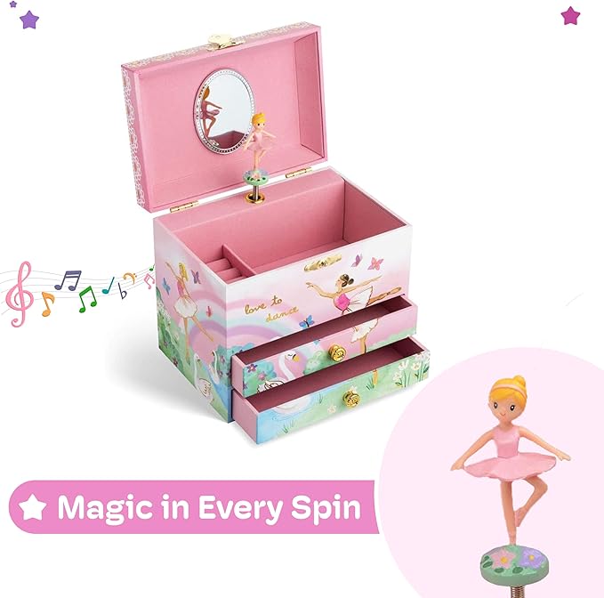 Jewelkeeper Jewelry Box for Girls - Spinning Ballerina Doll to Swan Lake Tune Music Box - Pink Jewelry Boxes for Girls with 2 Drawers - Ideal for Storing Necklaces and Bracelets - 7Lx5Hx6W Inches