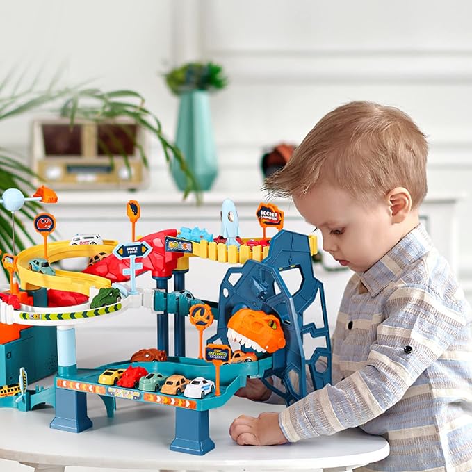 RedCrab Kids Space Car Playset Toy Ramp Track Set,Winding Highway Space Dinosaur Hill Toy,Light and Music Educational Toys for Age3+ Boys Girls with 4 Mini Cars & Map,Good Gift for Birthday Christmas