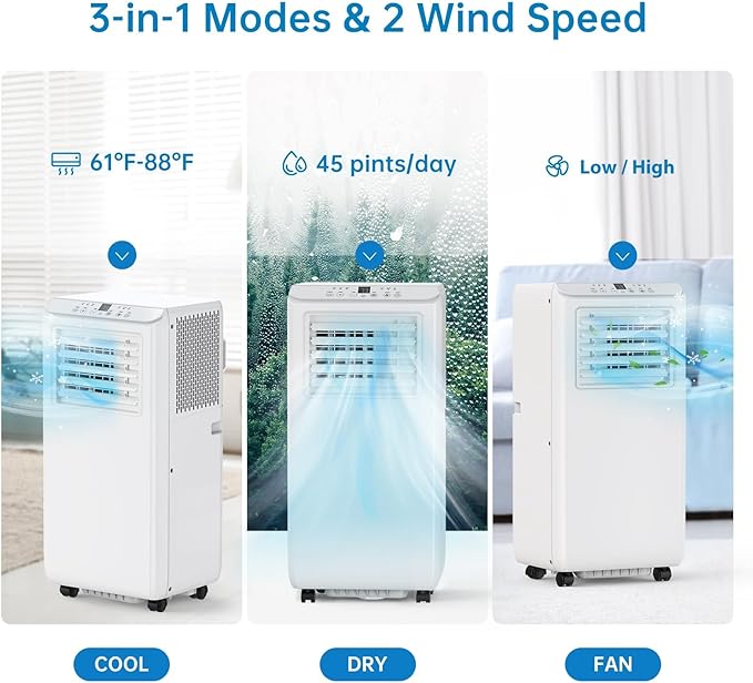 3-in-1 Portable Air Conditioner 8000BTU - Powerful Cooling, Cools up to 350 Sq. Ft, Easy Installation，Indoor Standing AC Suitable For Bedroom, Living Room, Office.