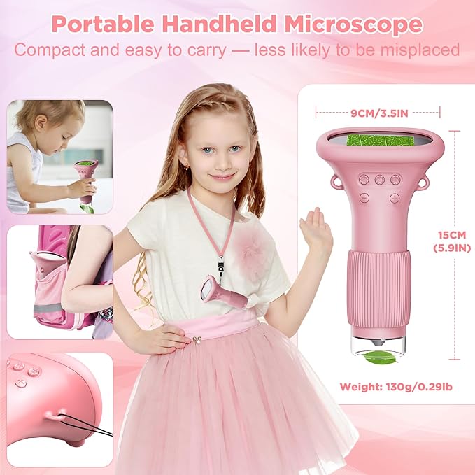 MAXLAPTER Portable Digital Microscope for Kids: 1000X Handheld Kid Microscope with 2'' Screen and 8 LED Lights - Pocket Miniscope Edu Science Toys Birthday Gifts for Age 3-5 5-7 8-12 Girls Boys, Pink