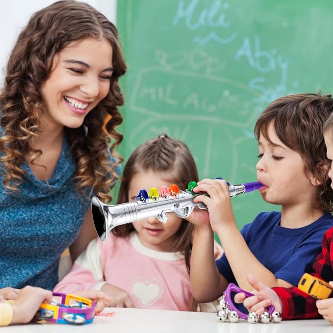 Amylove Set of 2 Toy Trumpet and Clarinet for Kids Toddlers Plastic Instruments Fake Music Toy Portable Early Educational Toys Teaching Songs Musical Gifts(Silver)