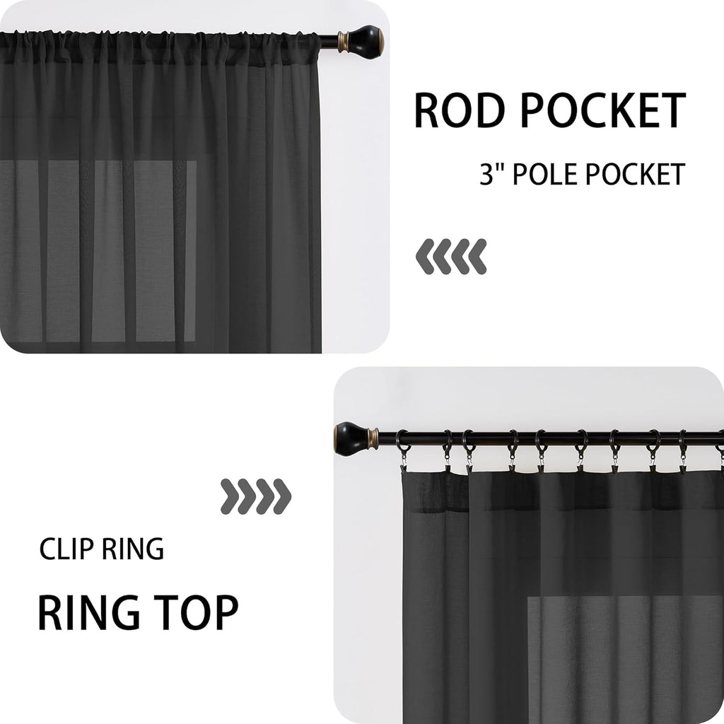 Tollpiz Small Sheer Curtain Linen Textured Curtain Sheers Doorway Light Filtering Voile French Door Rod Pocket Curtains Patio Glass Door, 25 x 40 inches Long, Black, Set of 1 Panel