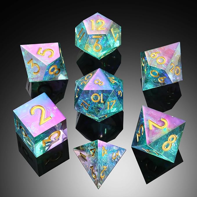 Iridescent Plating Sharp DND Dice, DNDND Handmade Resin Sharp Edge D&D Die with Gift Case for Dungeons and Dragon Tabletop Games (Iridescent Plating)