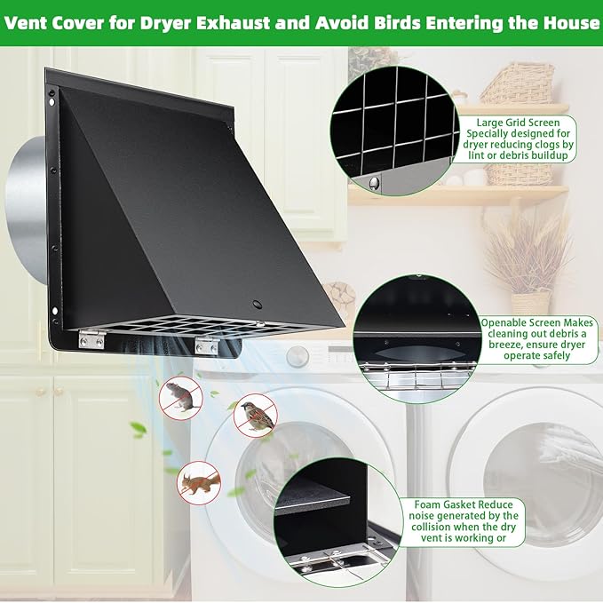 3 Inch Dryer Vent Cover Outside with Mesh & Cushioned Flap,Metal Wall Vent Exhaust Vent Cover,Exterior Dryer Vent Hood Wall Mount Extractor Vent,Outdoor Dryer Vent Cover for Laundry AC Air Vents-Black