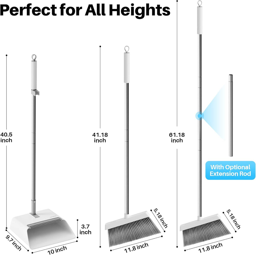 JOYMOOP 2 Pack Broom and Dustpan Set, Black and White Combo, Upright Angle with Built-in Comb Teeth for Pet Hair and Hard Floors