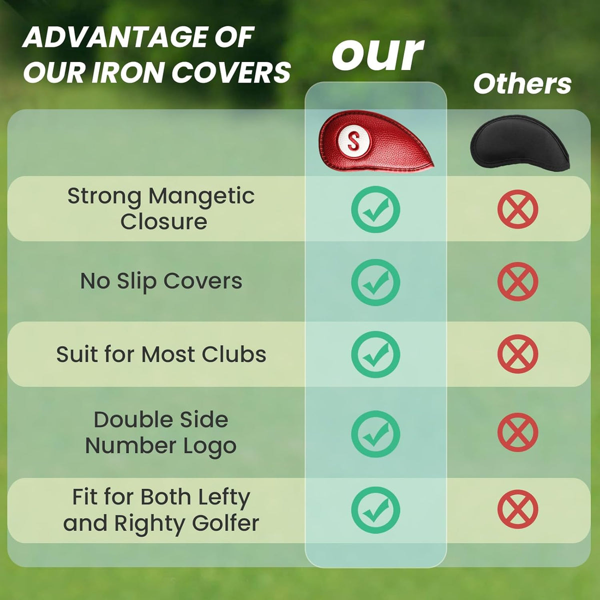 FINGER TEN Golf Club Covers for Irons Magnetic Value 11 Pack, Synthetic Leather Deluxe Head Cover Set Headcovers for Irons Fit Main Iron Clubs