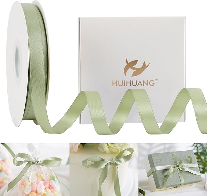 HUIHUANG Sage Green Double Faced Satin Ribbon 1/2 inch X 50 Yards Continuous, Dusty Sage Satin Ribbon for Gift Wrapping, Bows, DIY Crafts, Flower Bouquet, Bridal Shower Wedding Decor